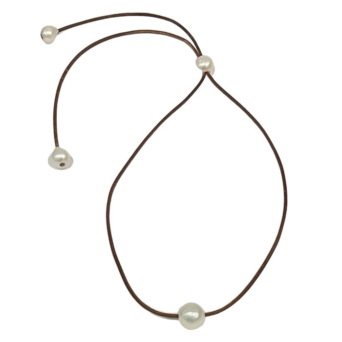 Lady Jane Single Freshwater Pearl and Leather Adjustable Necklace