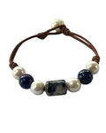 Freshwater Pearl and Leather Chevelle Bracelet with Sodalite Blue Gems