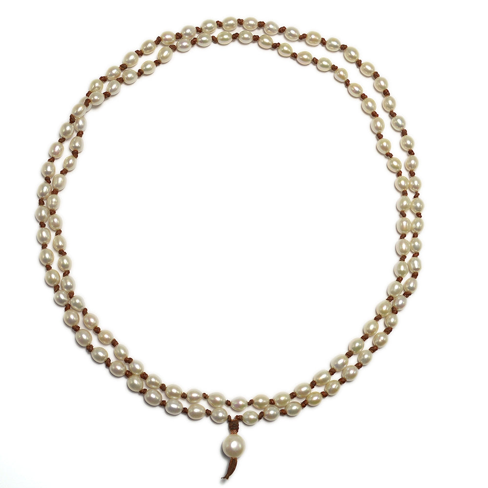 Japa Mala Freshwater Pearl and Leather Necklace in White