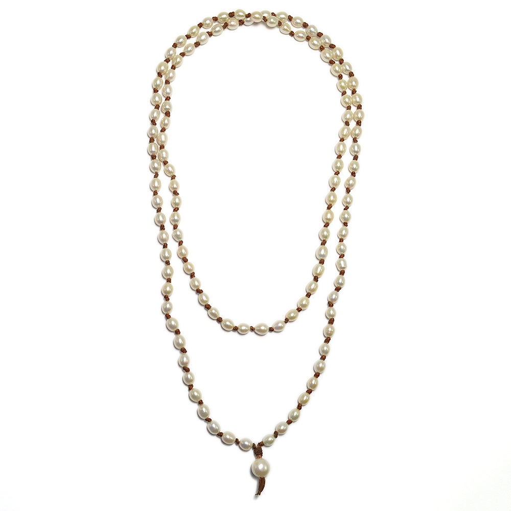 Japa Mala Freshwater Pearl and Leather Necklace White