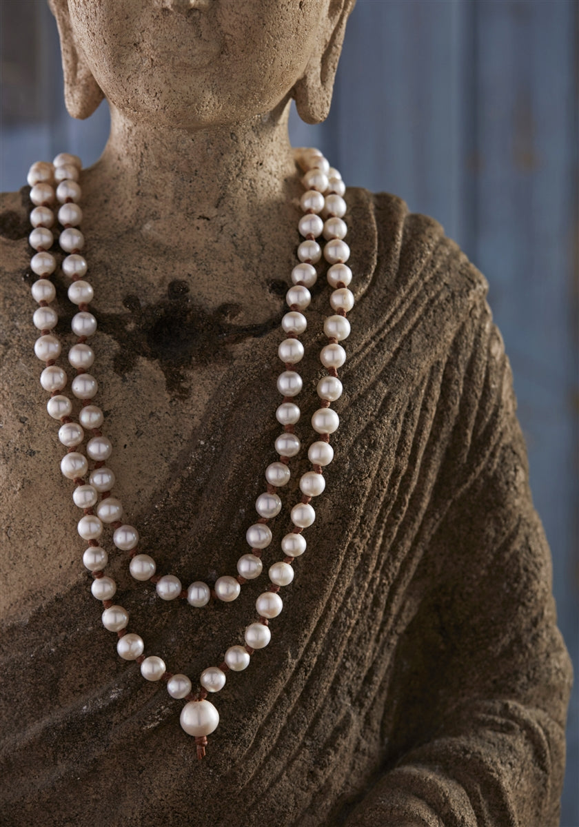 Japa Mala Freshwater Pearl and Leather Necklace White