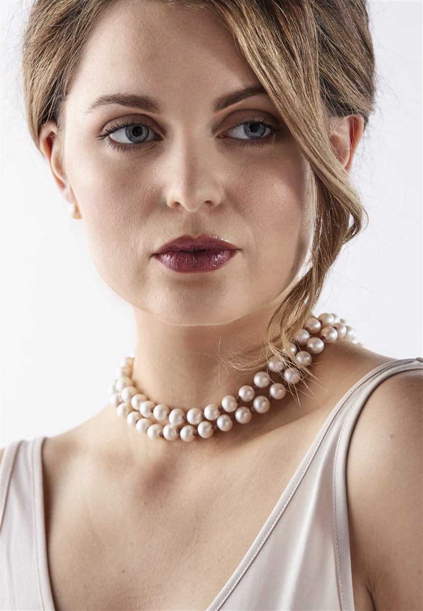 Japa Mala Freshwater Pearl and Leather Necklace White