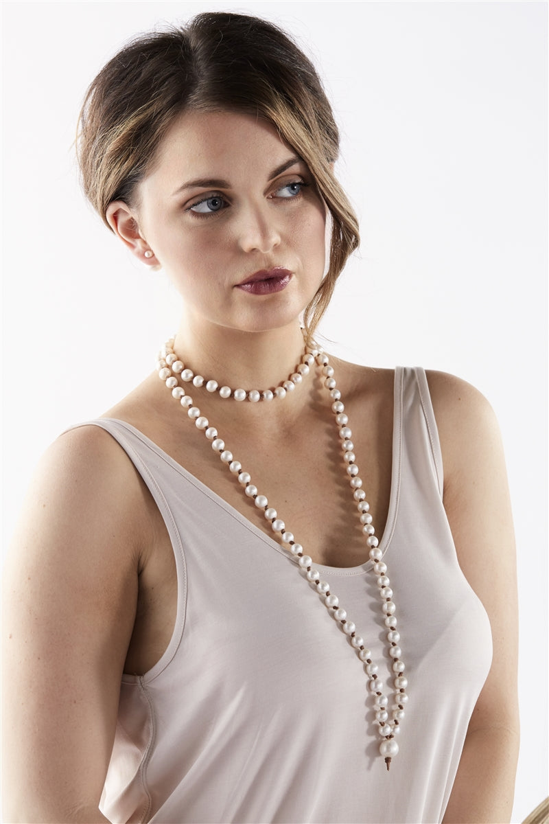 Japa Mala Freshwater Pearl and Leather Necklace White