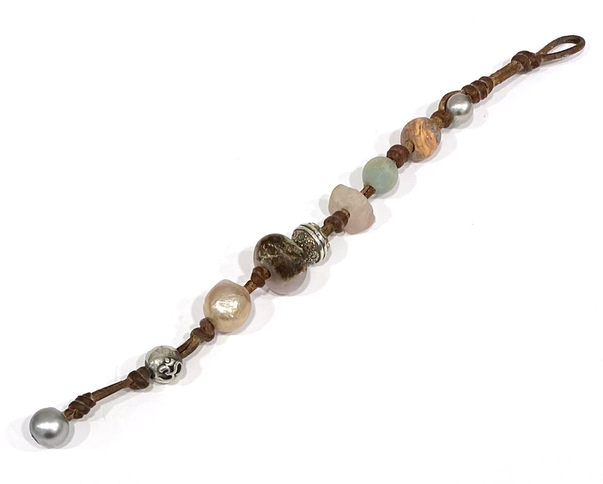 Wendy Mignot Pearl and Leather Precious Stones Gypsy Bracelet