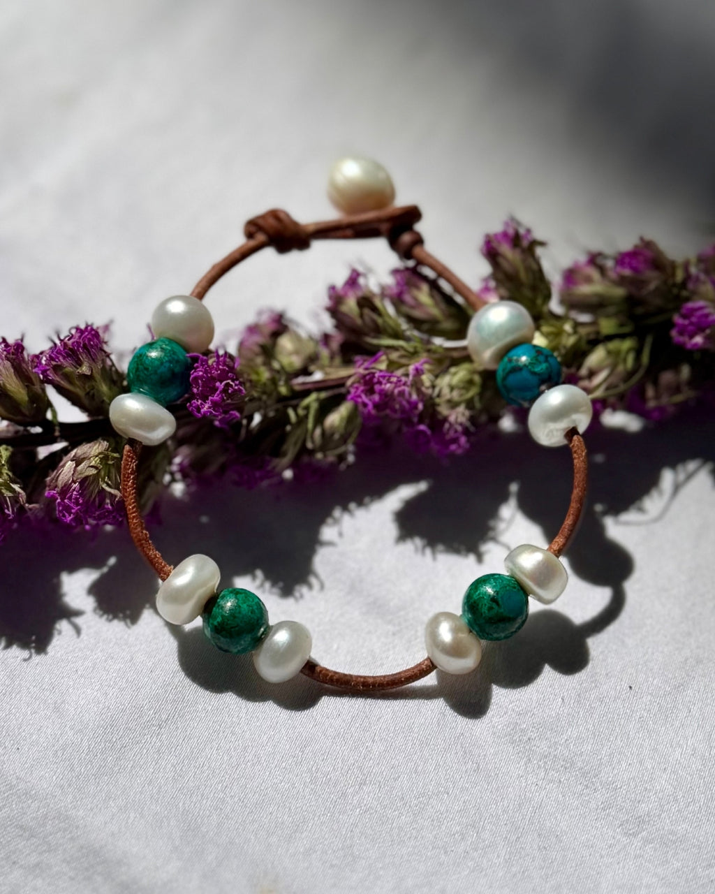 Triple Illusion Freshwater Pearl and Chrysocolla Gem Bracelet