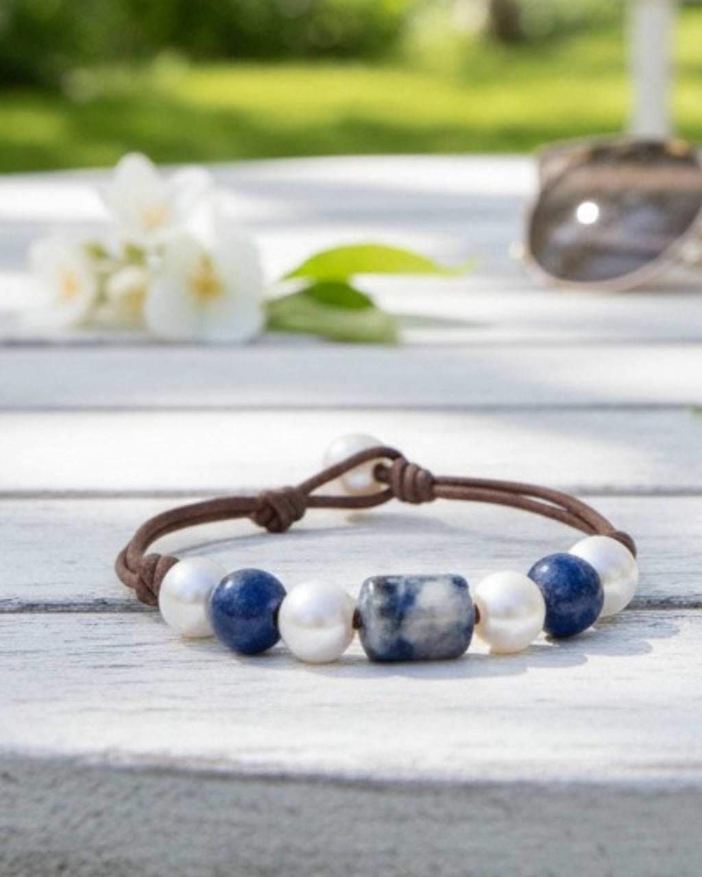 Freshwater Pearl and Leather Chevelle Bracelet with Sodalite Blue Gems