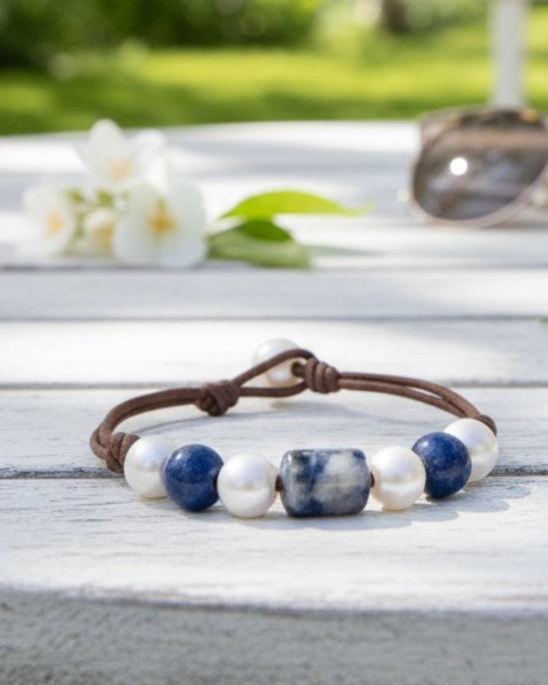 Freshwater Pearl and Leather Chevelle Bracelet with Sodalite Blue Gems
