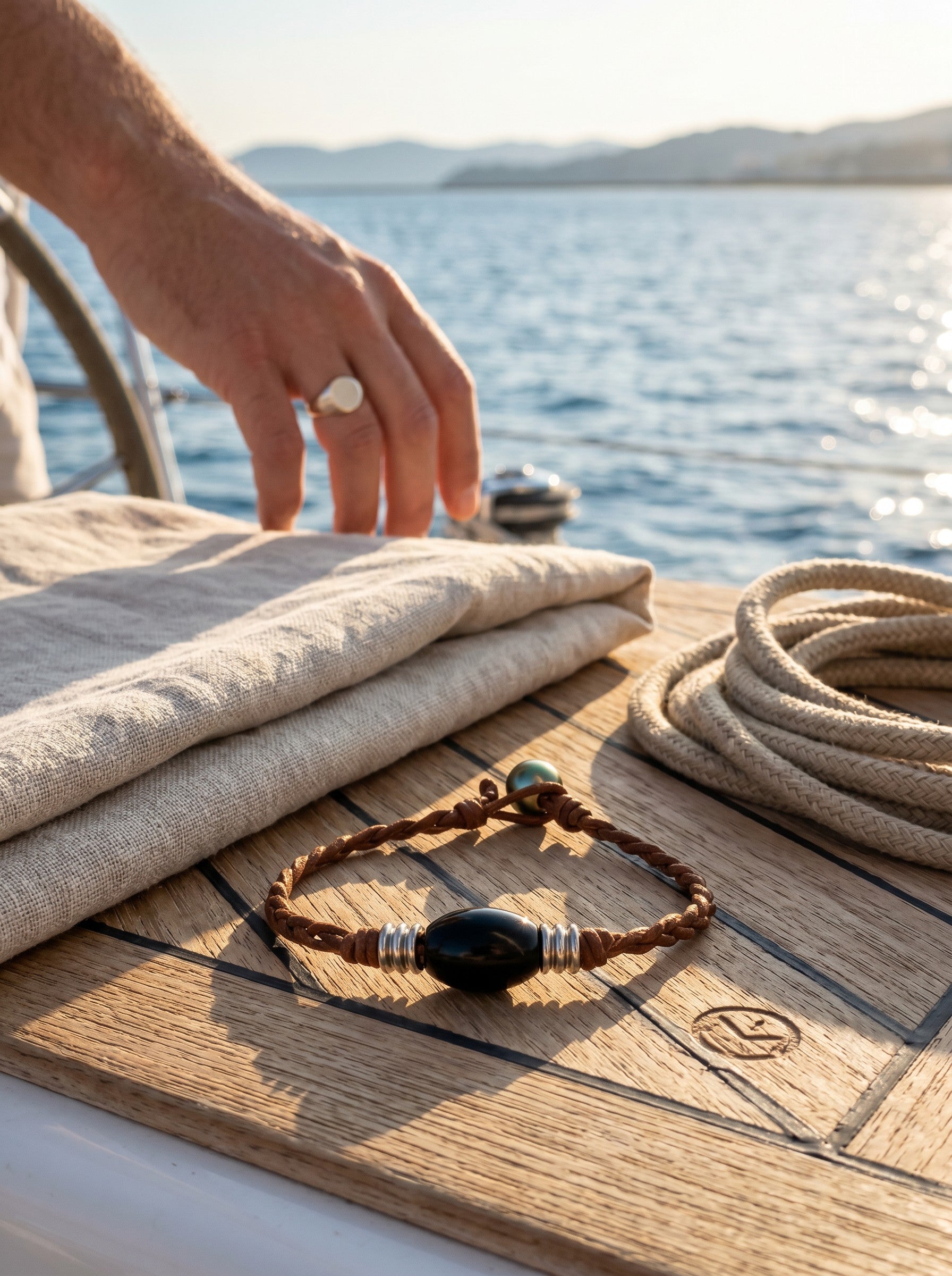The Wanderer Tahitian Pearl and Braided Leather Bracelet-Obsidian