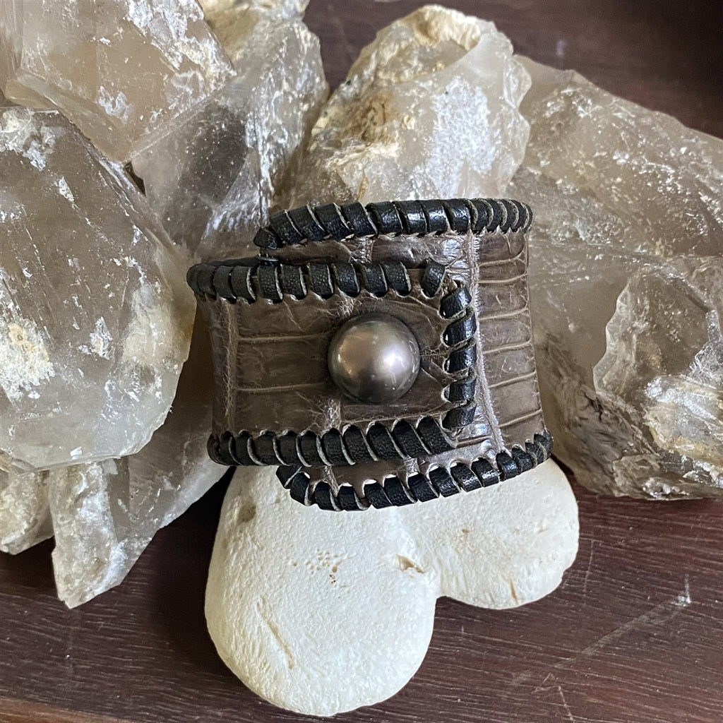 Wendy Mignot Metarie Tahitian Pearl and Alligator Hide Cuff Bracelet