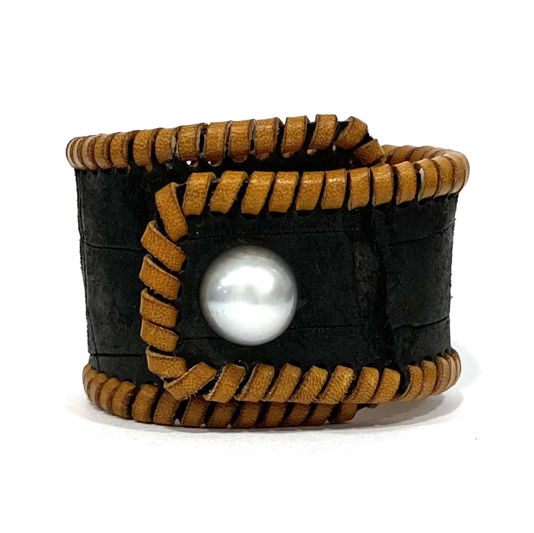 Metairie Tahitian Pearl and Alligator Hide Cuff Bracelet