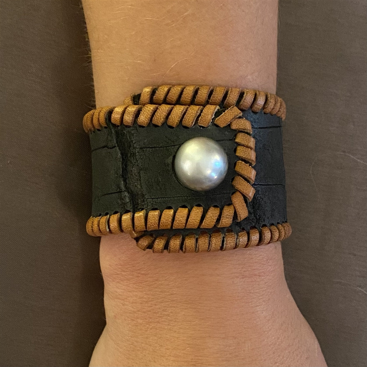 Wendy Mignot Metairie Tahitian Pearl and Alligator Hide Cuff Bracelet