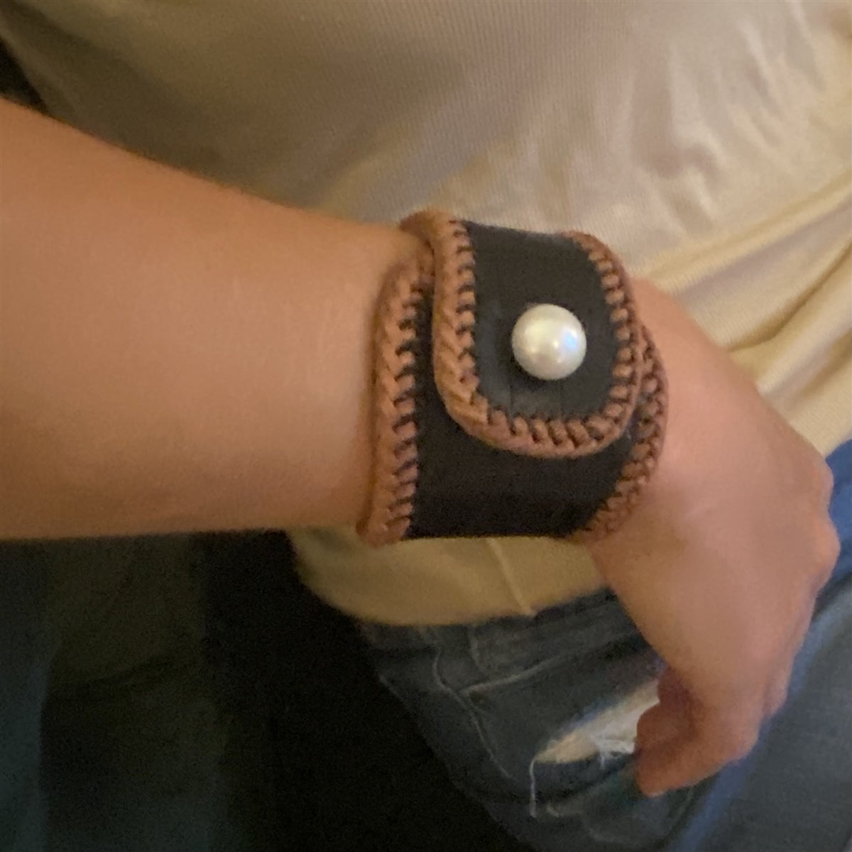 Wendy Mignot Metairie South Sea Pearl and Alligator Hide Cuff Bracelet
