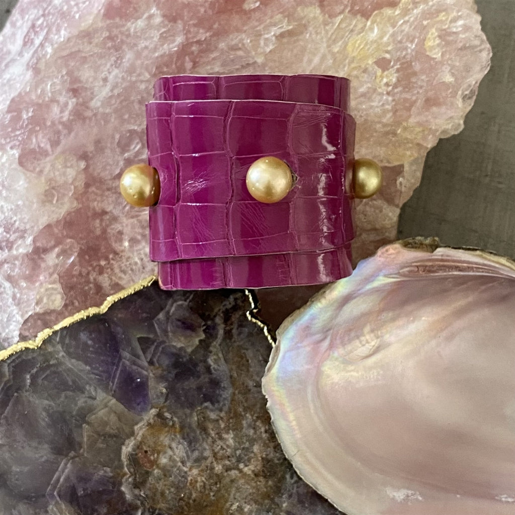 Wendy Mignot Lafayette South Sea Gold Pearl and Alligator Hide Cuff Bracelet
