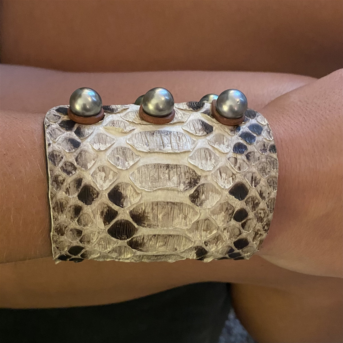 Wendy Mignot New Orleans Tahitian Pearl and Snakeskin Cuff Bracelet