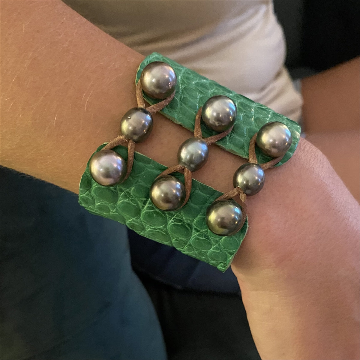 Wendy Mignot New Orleans Tahitian Pearl and Alligator Hide Cuff Bracelet