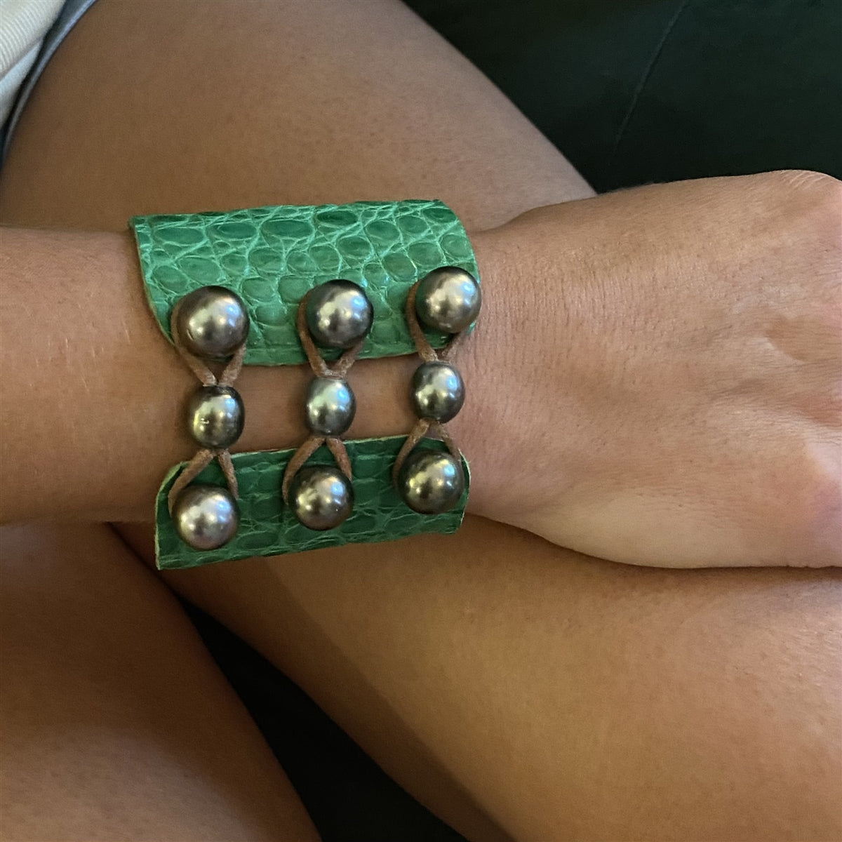 Wendy Mignot New Orleans Tahitian Pearl and Alligator Hide Cuff Bracelet