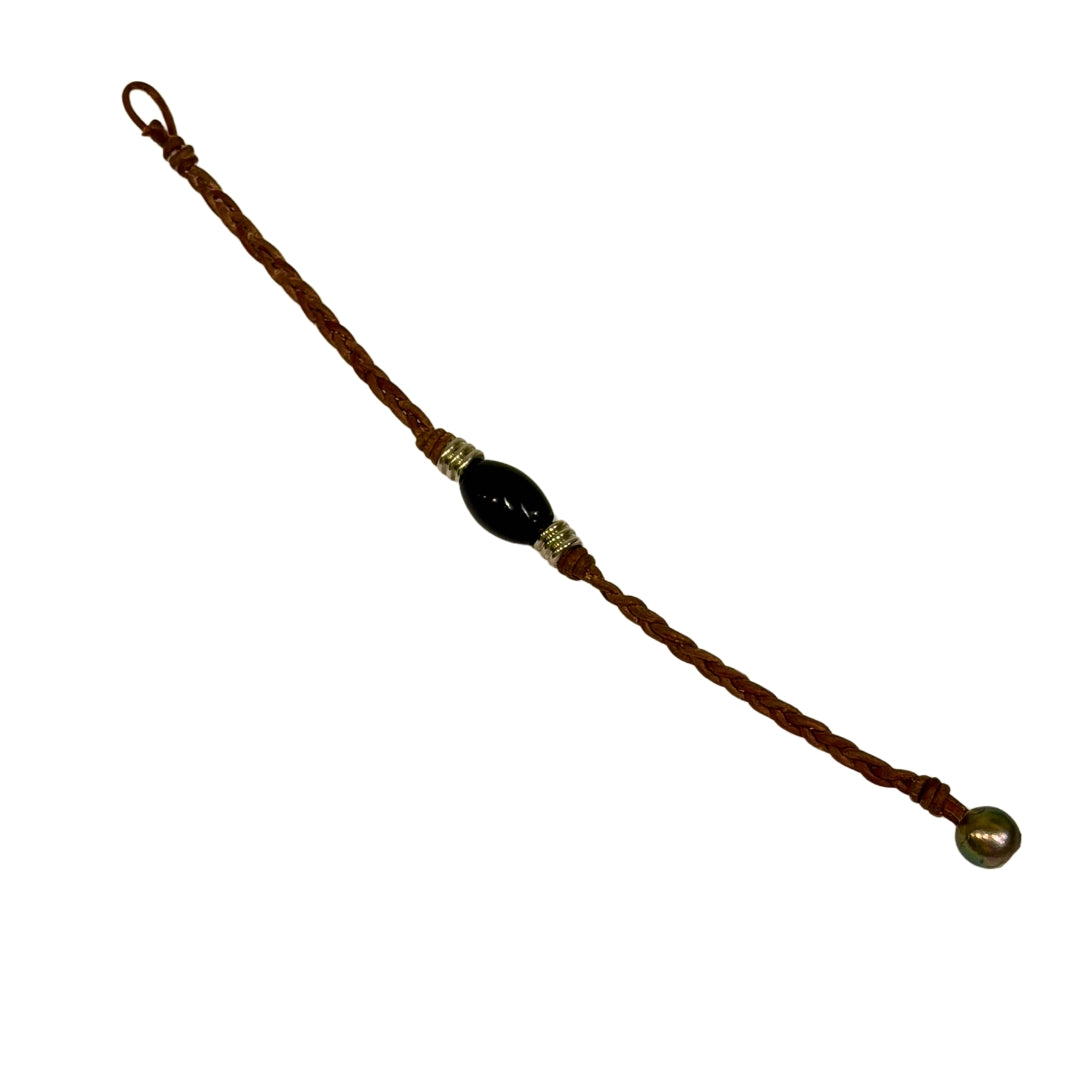 The Wanderer Tahitian Pearl and Braided Leather Bracelet-Obsidian