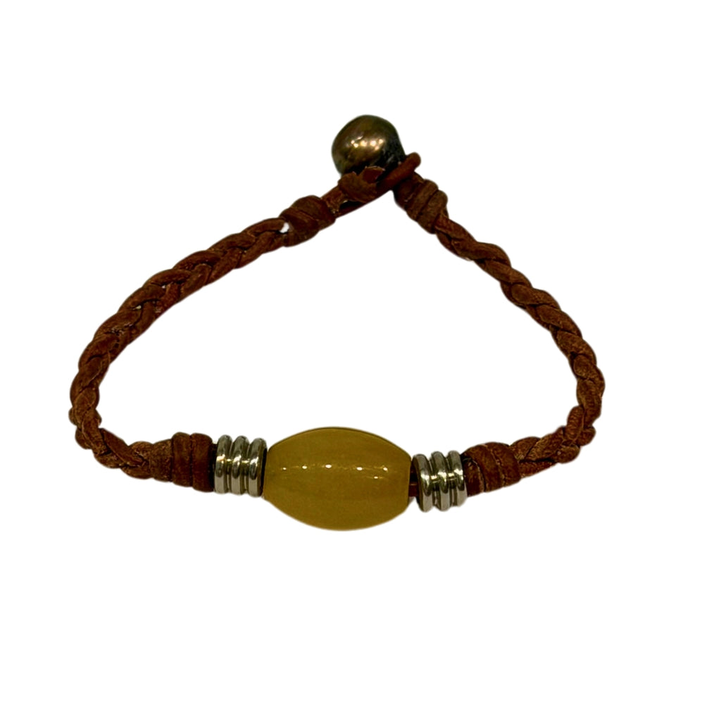 The Wanderer Tahitian Pearl and Braided Leather Bracelet-Yellow Jasper