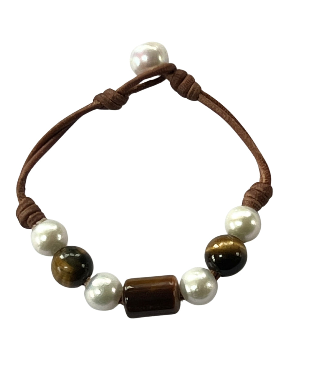 Freshwater Pearl and Leather Chevelle Bracelet with Tiger's Eye Brown Gems