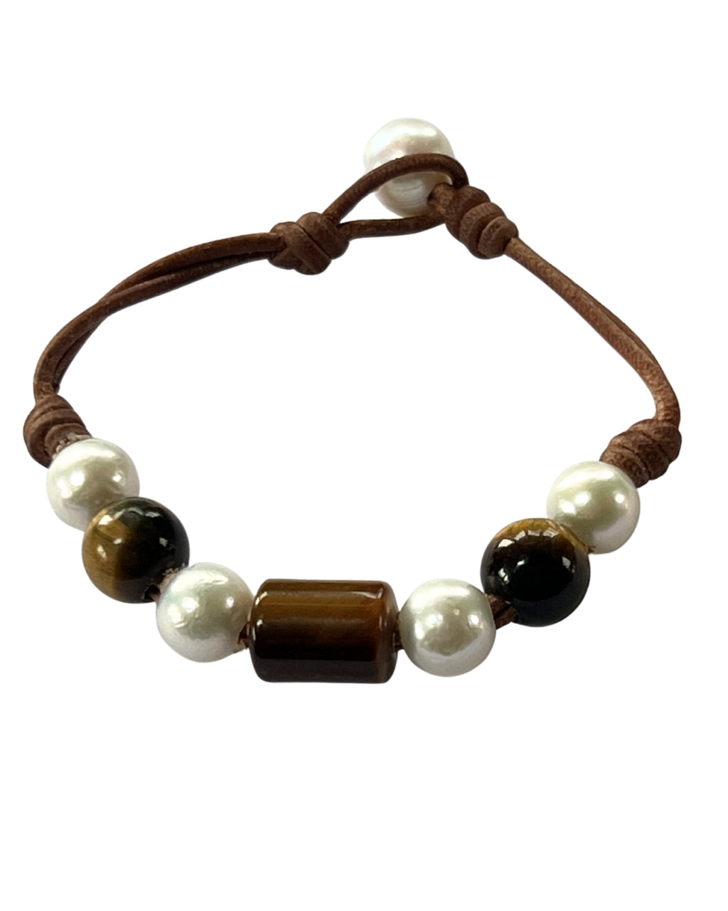 Freshwater Pearl and Leather Chevelle Bracelet with Tiger's Eye Brown Gems