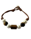 Freshwater Pearl and Leather Chevelle Bracelet with Tiger's Eye Brown Gems