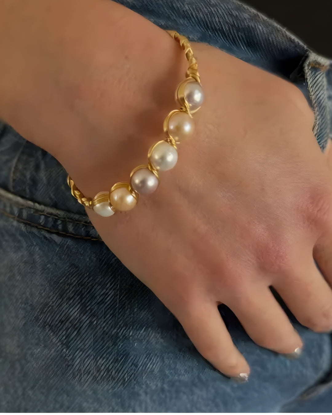 Bazille Freshwater Pearl Brass Wrap Bangle Multi-Colored Pearls