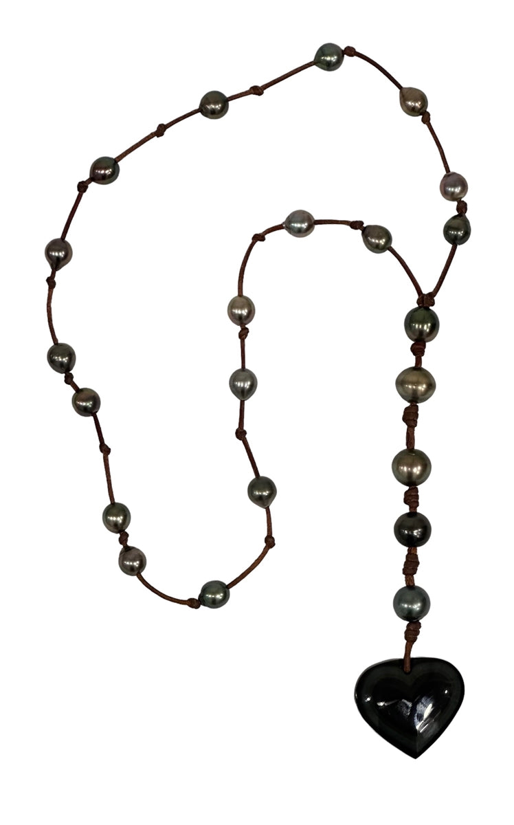 Wendy Mignot Tahitian Pearl and Leather With Obsidian Heart Violet Rose Necklace
