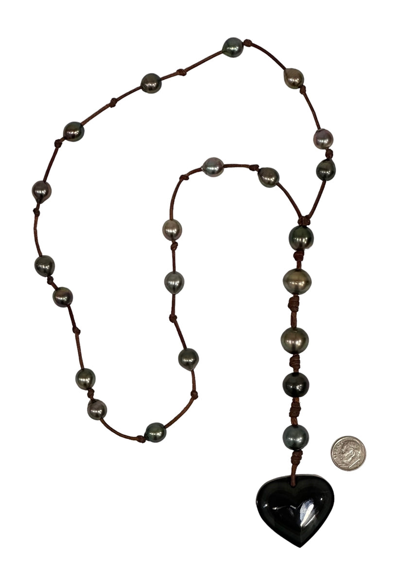 Wendy Mignot Tahitian Pearl and Leather With Obsidian Heart Violet Rose Necklace