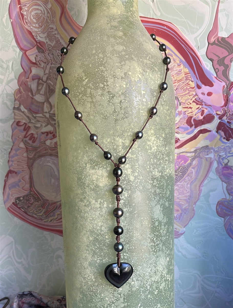 Wendy Mignot Tahitian Pearl and Leather With Obsidian Heart Violet Rose Necklace