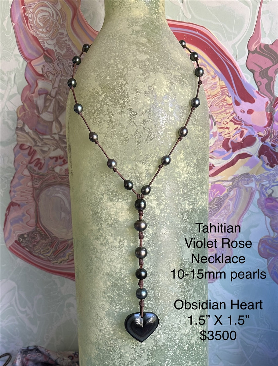 Wendy Mignot Tahitian Pearl and Leather With Obsidian Heart Violet Rose Necklace