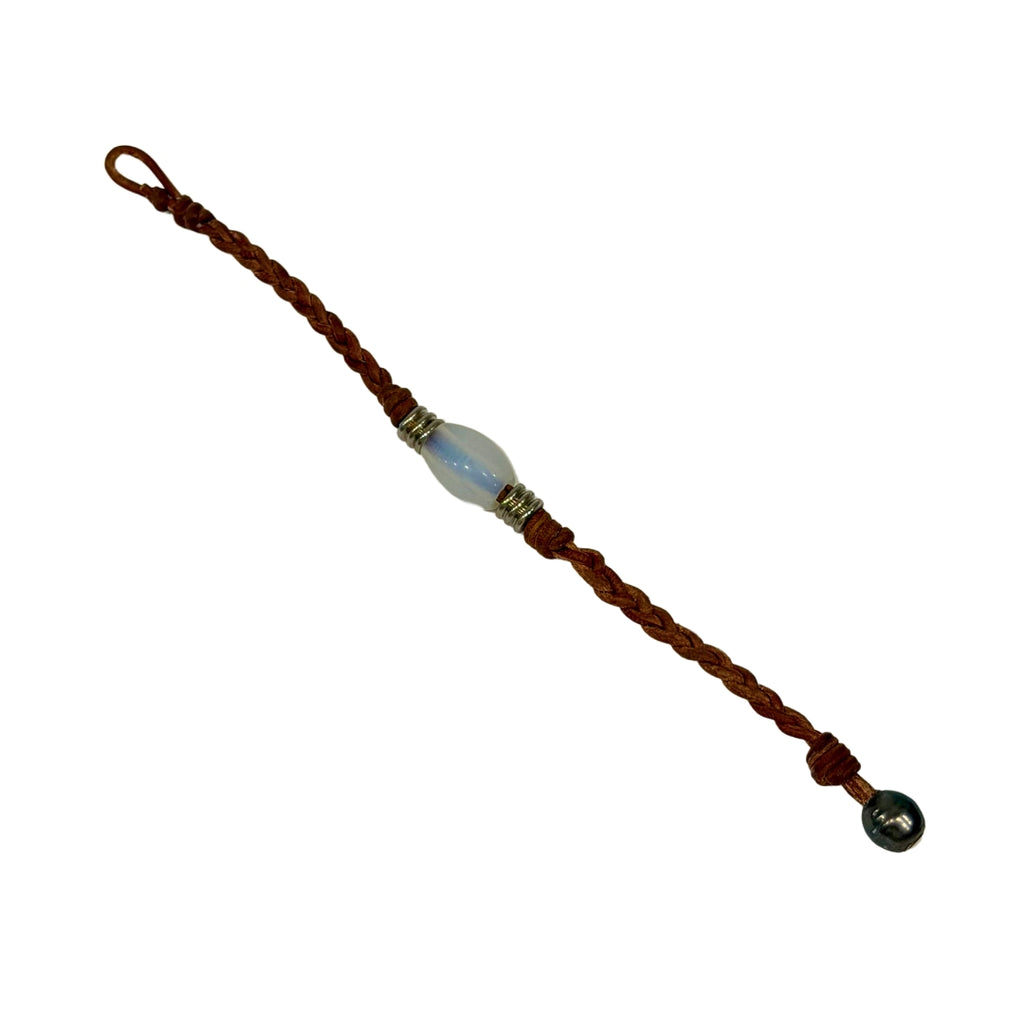 The Wanderer Tahitian Pearl and Braided Leather Bracelet-Opal