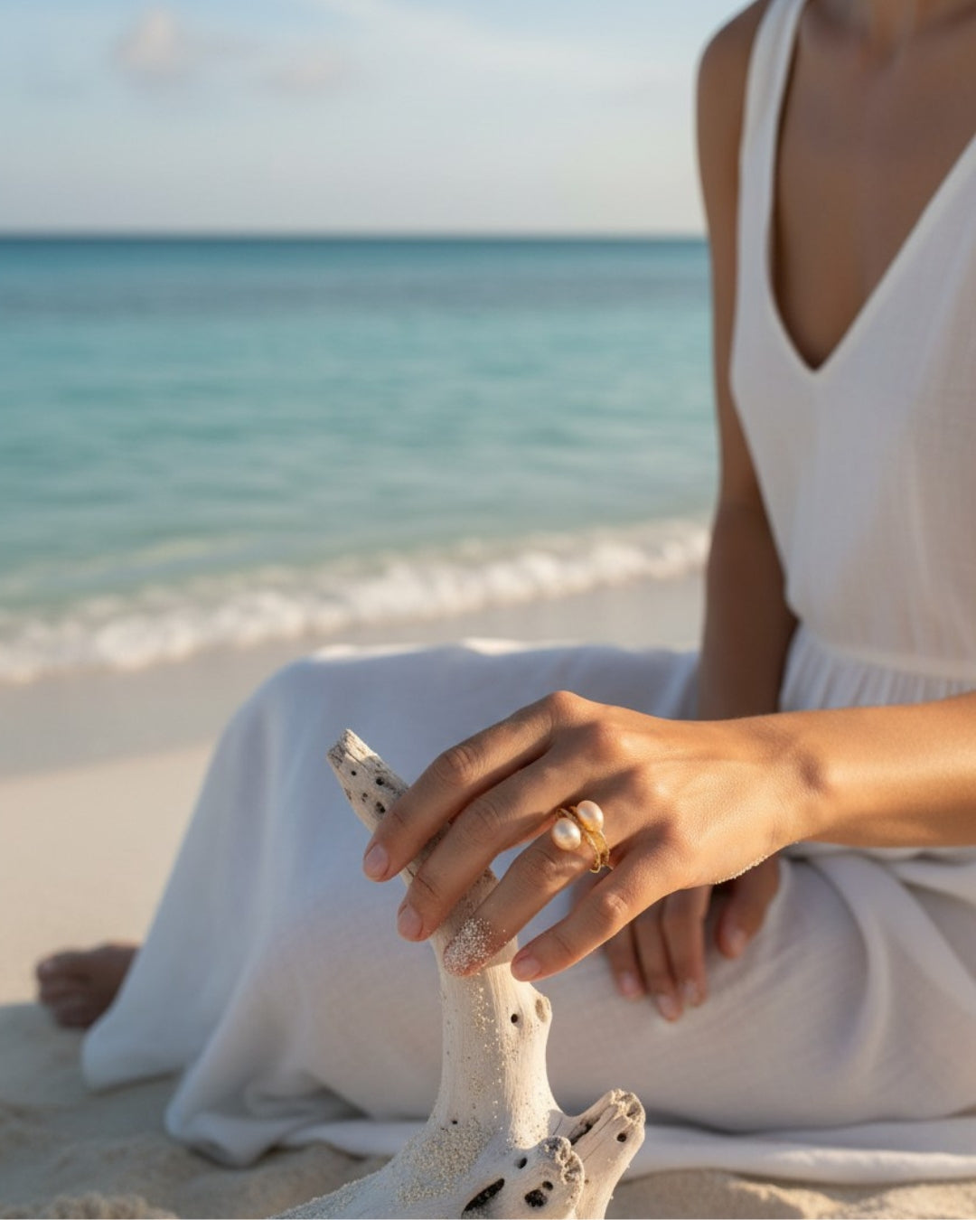 Adjustable Two Pearl Cassett Double Wrap Ring Blush