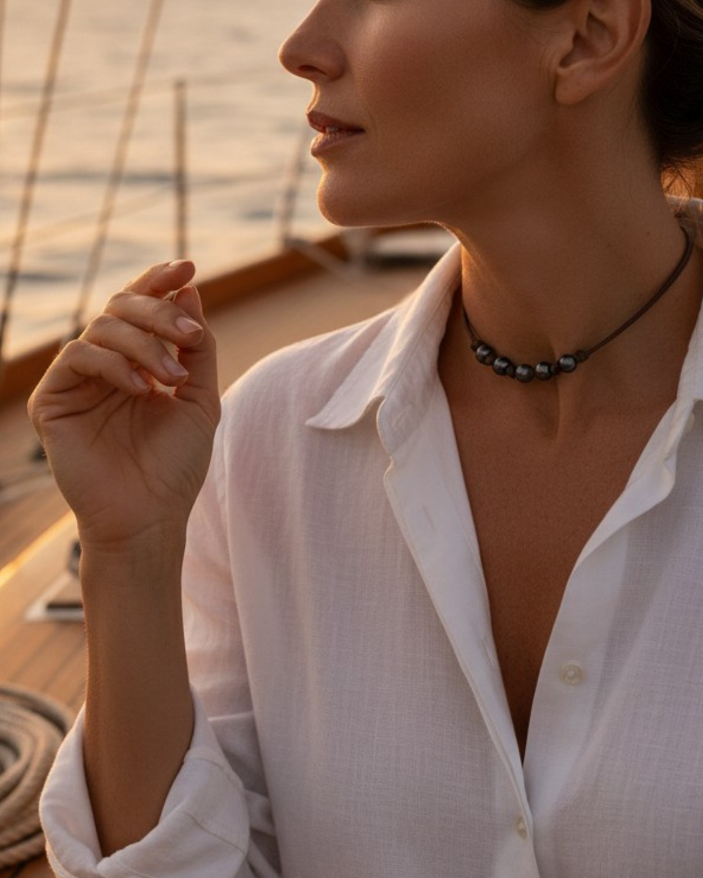 Wendy Mignot Breezy Five Pearl Tahitian Pearl and Leather Necklace with knots
