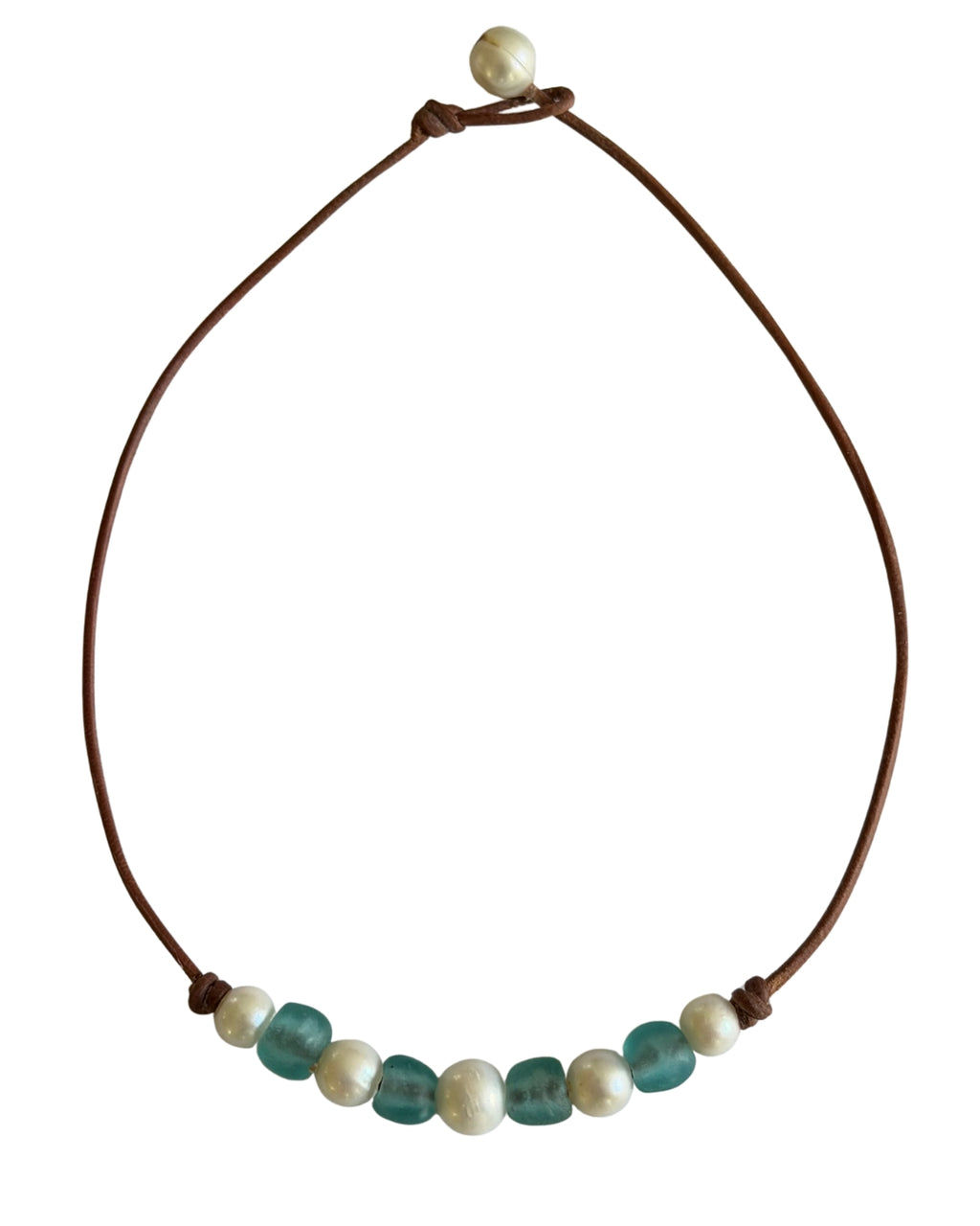 Wendy Mignot African Seaglass and Freshwater Pearl and Leather Regatta Necklace-Aqua