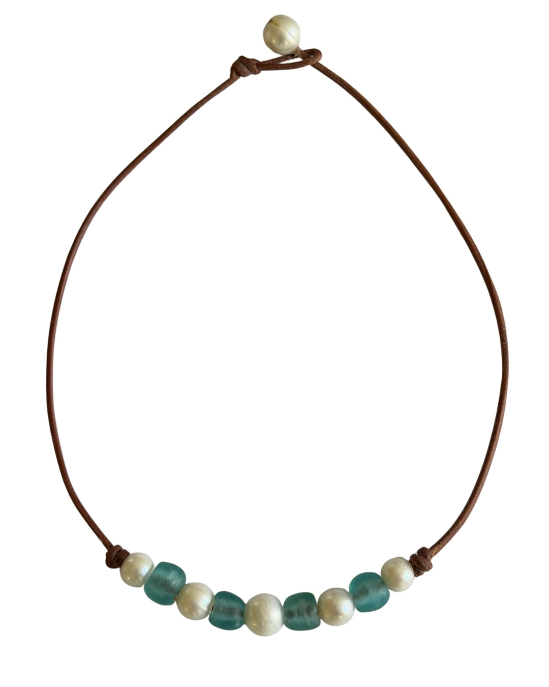 Wendy Mignot African Seaglass and Freshwater Pearl and Leather Regatta Necklace-Aqua
