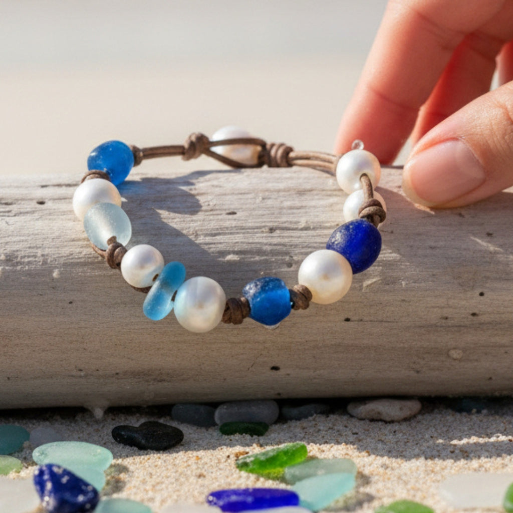 Wendy Mignot Freshwater Pearl and Leather Sea Glass Gypsy Bracelet