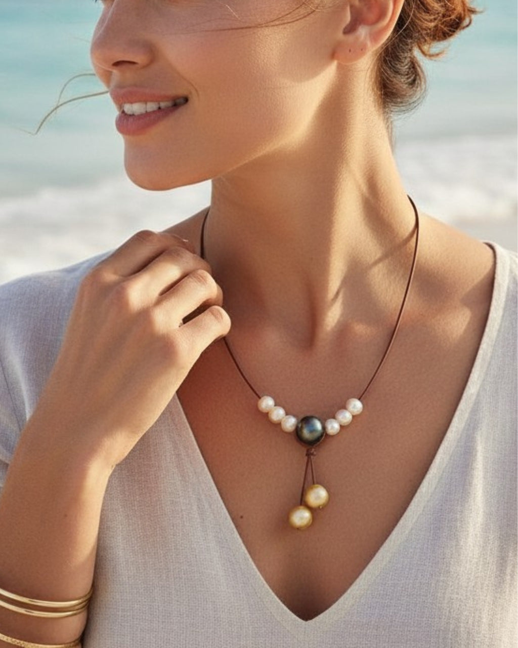 Wendy Mignot Tahitian Pearl and South Sea Gold Pearl and Leather Synergy Necklace
