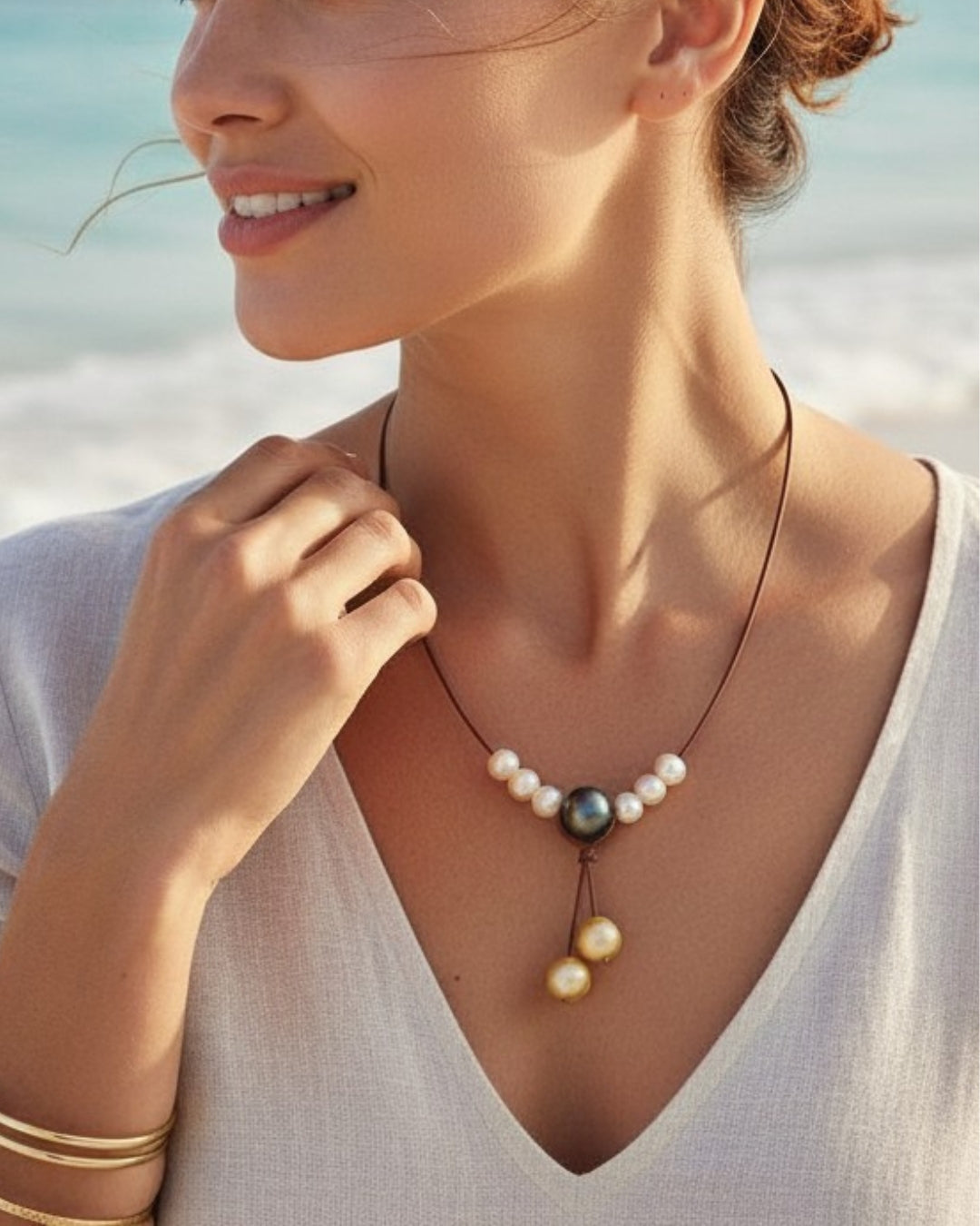 Wendy Mignot Tahitian Pearl and South Sea Gold Pearl and Leather Synergy Necklace