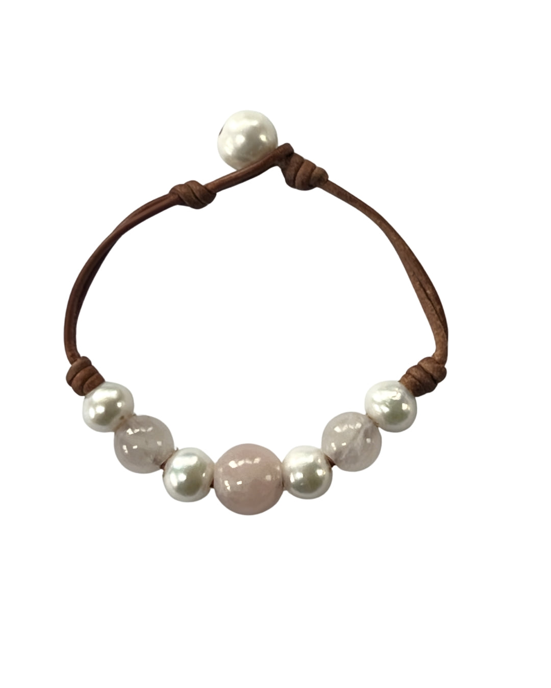 Freshwater Pearl and Leather Chevelle Bracelet with Rose Quartz