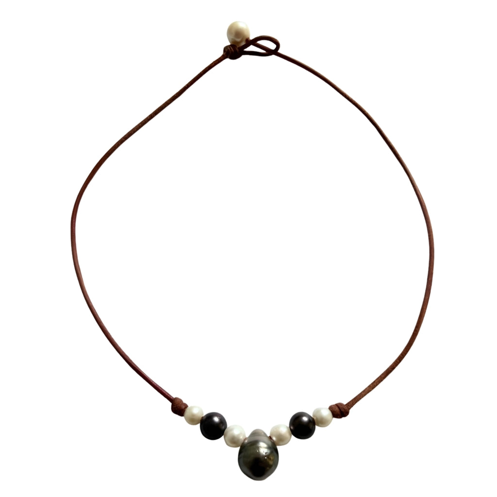 Wendy Mignot Lilly Freshwater and Tahitian Pearl and Leather Necklace