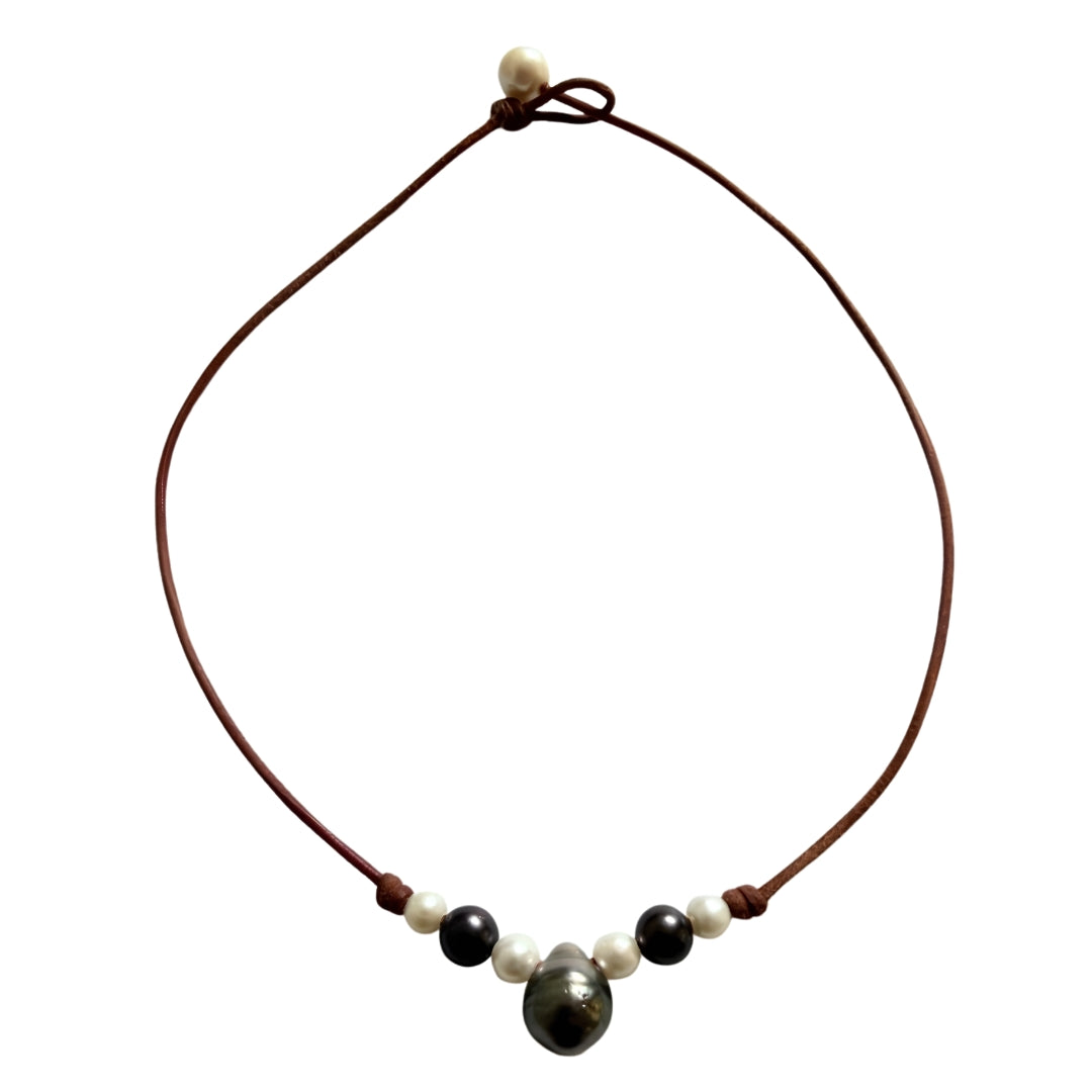 Wendy Mignot Lilly Freshwater and Tahitian Pearl and Leather Necklace