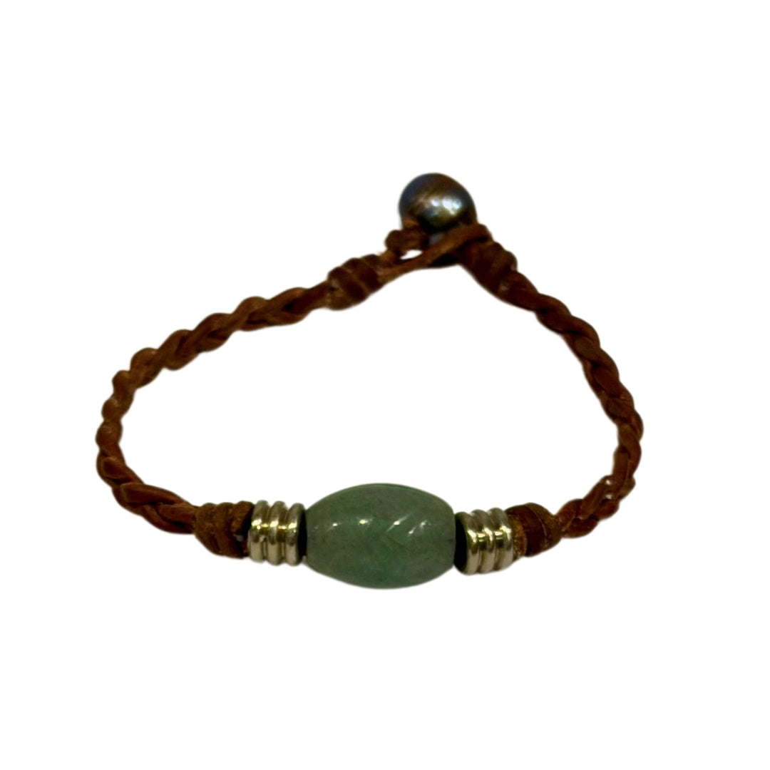 The Wanderer Tahitian Pearl and Braided Leather Bracelet-Aventurine