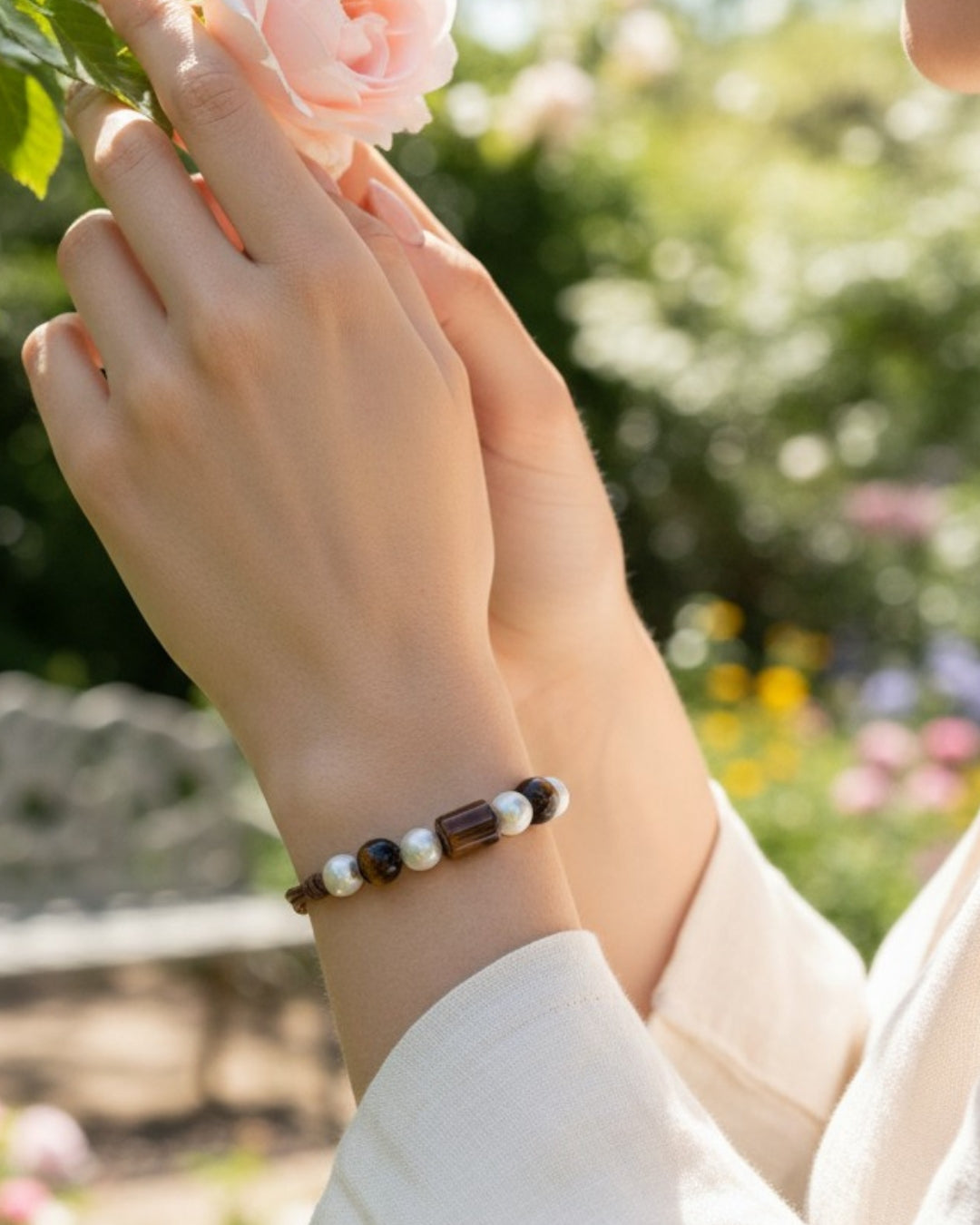 Freshwater Pearl and Leather Chevelle Bracelet with Tiger's Eye Brown Gems