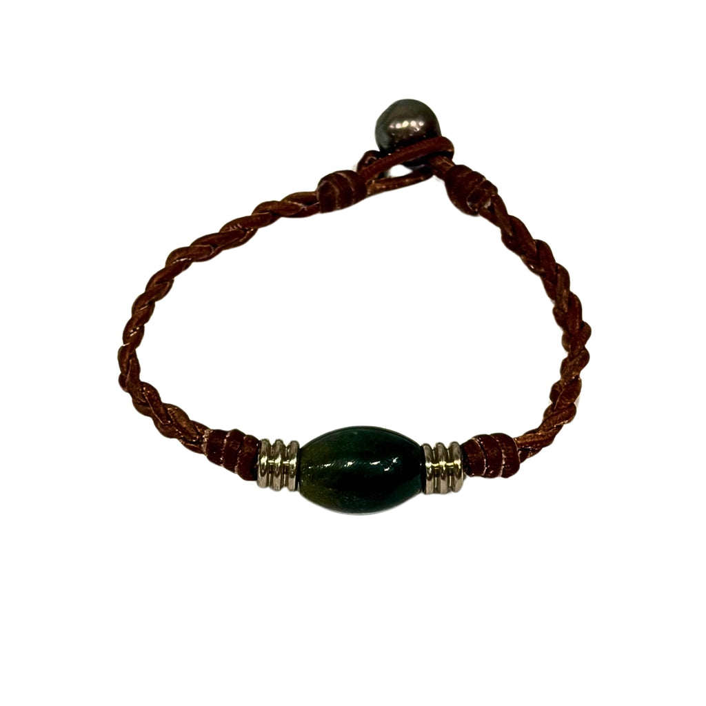 The Wanderer Tahitian Pearl and Braided Leather Bracelet-Green Agate