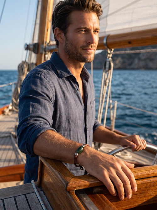 The Wanderer Tahitian Pearl and Braided Leather Bracelet-Green Agate