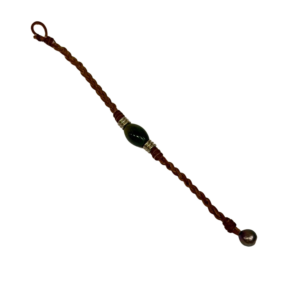The Wanderer Tahitian Pearl and Braided Leather Bracelet-Green Agate