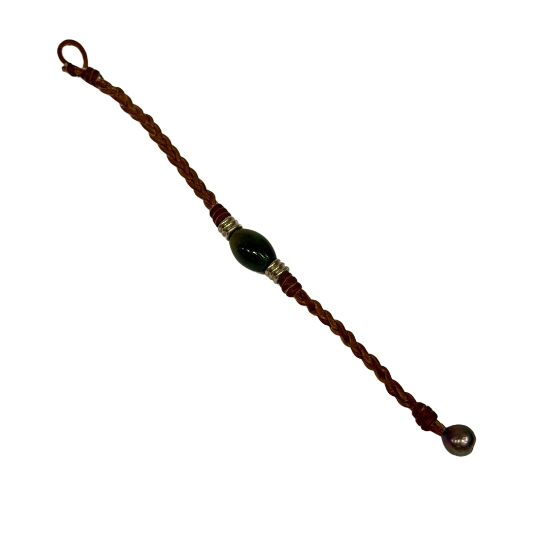 The Wanderer Tahitian Pearl and Braided Leather Bracelet-Green Agate