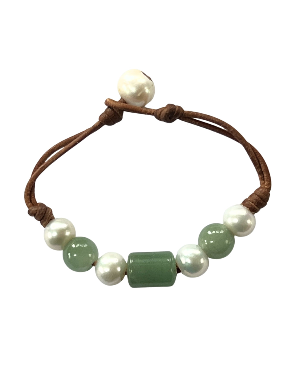 Freshwater Pearl and Leather Chevelle Bracelet with Aventurine Green Gems