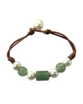 Freshwater Pearl and Leather Chevelle Bracelet with Aventurine Green Gems