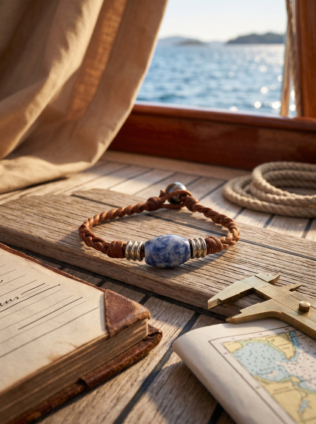 The Wanderer Tahitian Pearl and Braided Leather Bracelet-Blue Jasper